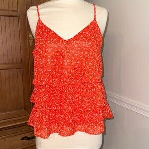 Tiered ruffled sleeveless top in orange/red with small flowers, S/M
